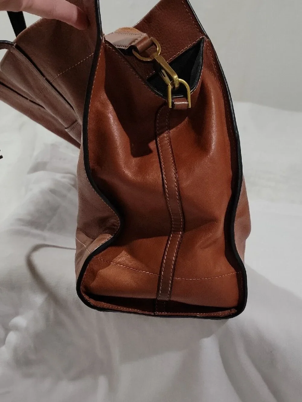 Fossil Carmen Shopper Tote Cognac Leather Tote with Striped Removable Strap